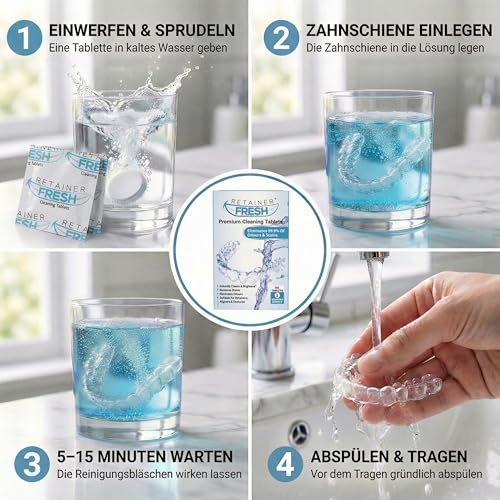 Retainer Fresh Zahnschiene Reinigungstabletten - Zahnspangenreiniger für Retainer, Aligner, Knirscherschiene und Aufbissschiene - Reinigt in 5 Minuten - 120 Stück