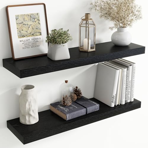 Image of 36 Inch Floating Shelves for Wall, 8 Inch Deep Floating Shelf for Storage & Display, Rustic Wall Mounted Shelf with Invisible Brackets for Living Room, Kitchen, Bathroom, Home Decor, Set of 2, Black