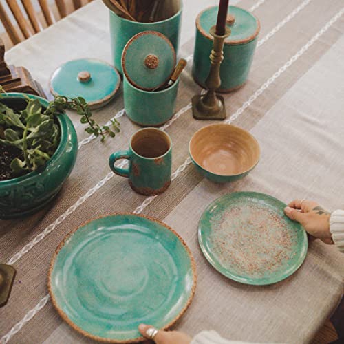 Image of Paseo Road Patina Turquoise 16 Piece Ceramic Southwestern Rustic Cabin Dinnerware Set with Plates, Bowls and Mugs