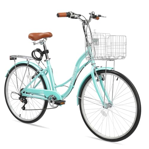 Ktaxon Women Bike 24/26 Inch Bicycles for Women, Beach Cruiser Bike with Premium Derailleur & Shift Lever, Adjustable Seat, High-Carbon Steel Frame and Excellent Welding Technology (24' Misty Teal)