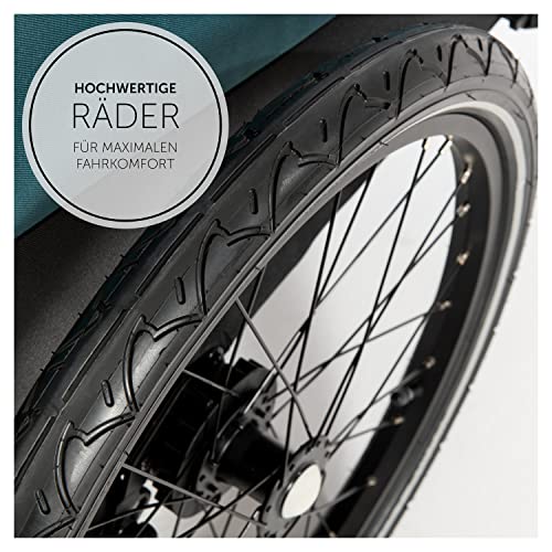 Hauck Fahrrad Anhänger 2 Kinder Dryk Duo inkl. Deichsel, Buggyrad und Fahne, Klappbar, Groß, XL Stauraum, Einfache Befestigung am Fahrrad, Nutzung als Buggy, Petrol