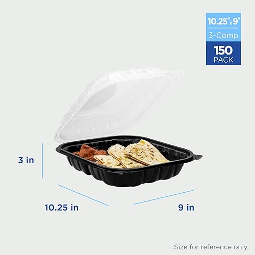 Miniatura 15 de Karat Recipiente con bisagras de polipropileno de alta calidad, recipientes para alimentos para llevar, estuche (8 x 8 pulgadas, 3 compartimentos)