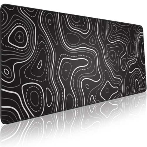 Image of Pixiecube Minimalist Topographic Map Mouse Pad - Contour Extended Large Stitch Edge Mousepad. Black & White Non-Slip XXL Gaming Desk Mat