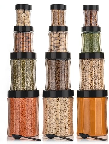Image of Black Olive Storage Organizer Container Set - Transparent Jar Set for Kitchen with Lids & Spoons, 1200ml, 650ml, 350ml & 250ml Dabba Box for Spices, Snacks, Grocery & Dry Fruits (Black, 12pc)