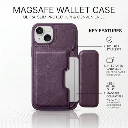 Image of amazon basics Luxury Vegan Leather Back Cover for iPhone 14 | Built-in Card Holder Slot | Integrated Mobile Stand | Slim Shockproof Protective Case with Stitched Finish - Purple