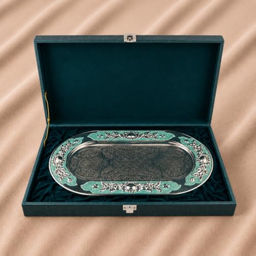 Image of Decorative Oval Metal Tray with Turquoise Enamel & Crystal Floral Border | Premium Silver Finish Display Tray for Home Decor, Coffee Table, Dining Table, Centerpiece, Console & Gift Item