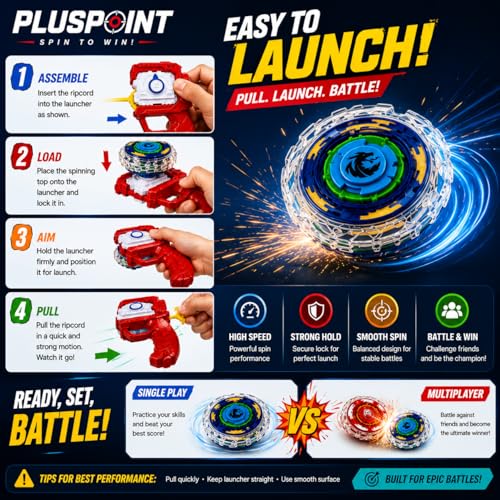 Image of PLUSPOINT Battling Top Burst Launcher Grip Toy Blade Set Gyros Blades Battling Tops Metal Fusion Starter Set with Launchers Gift Toys for Boys Kids Children Age 6+