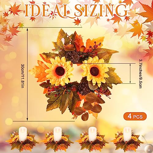 Ceenna 4 Pcs Fall Wreath Candle Rings Farmhouse Thanksgiving Candle Rings Wreaths Autumn Candle Wreath Candle Ring Artificial Maple Candle Holder Festival Holiday Party Decoration