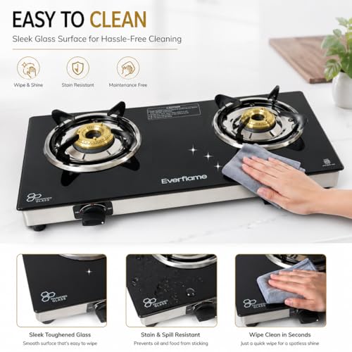 Image of Everflame Iris 2 Burner Gas Stove | Manual Ignition | LPG Gas Stove | SS Frame | Heavy Brass Burner | Toughened Glass | Modern Kitchen Slim Cooktop | 2 Years Product Warranty + Doorstep Service