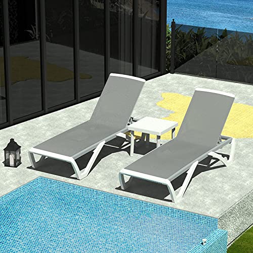 Image of Domi Patio Chaise Lounge Chair Set of 3,Outdoor Aluminum Polypropylene Sunbathing Chair with Adjustable Backrest,Arm,Side Table,for Beach,Yard,Balcony,Poolside(2 Grey Chairs W /Table)