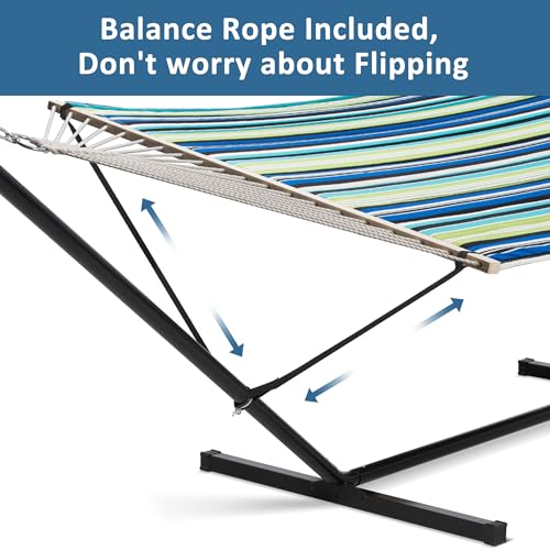Image of SUNCREAT Hammock with Stand 2 Person Heavy Duty, Freestanding Hammock with Spreader Bar, Soft Pillow, Green Stripes