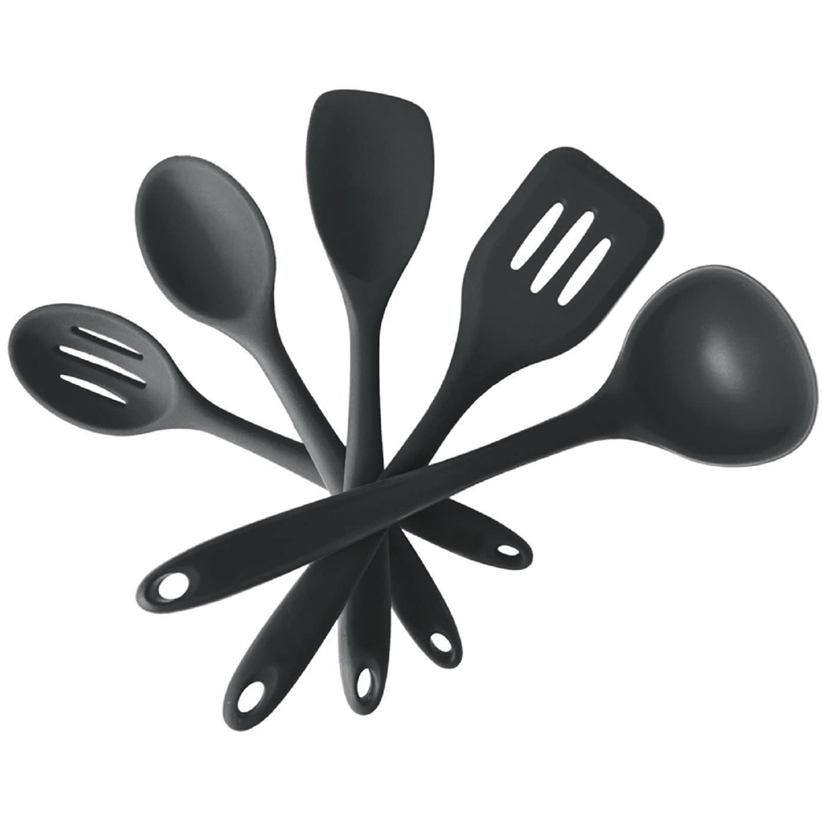 BangShou Silicone Cookware Set 5Pack, Food Grade Kitchen Gadgets, Kitchen Cookware Set Heat Resistant to 446°F with Silicone Spoon, Spatula, Spoon, Slotted Turner, Slotted Spoon (Black 5Pack)
