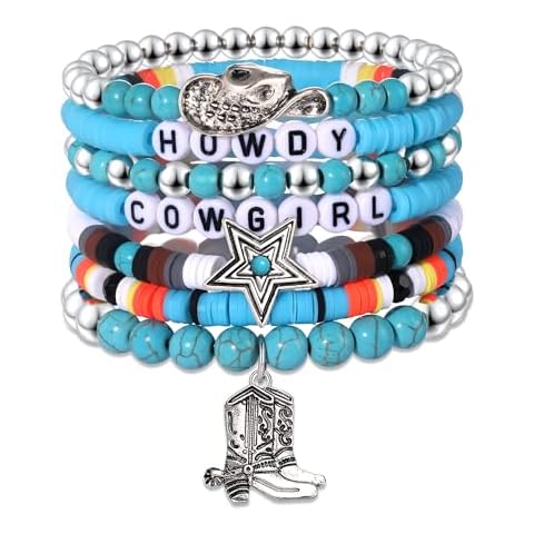 CENAPOG Western Cowgirl Turquoise Silver Beaded Stretch Bracelets Preppy Heishi Bracelets Set Bohemian Turquoise Cross boots Charm Stackable Bracelets for Women Y2K Summer Beach Layering Bracelets Jewelry (hat boots charms) Cover