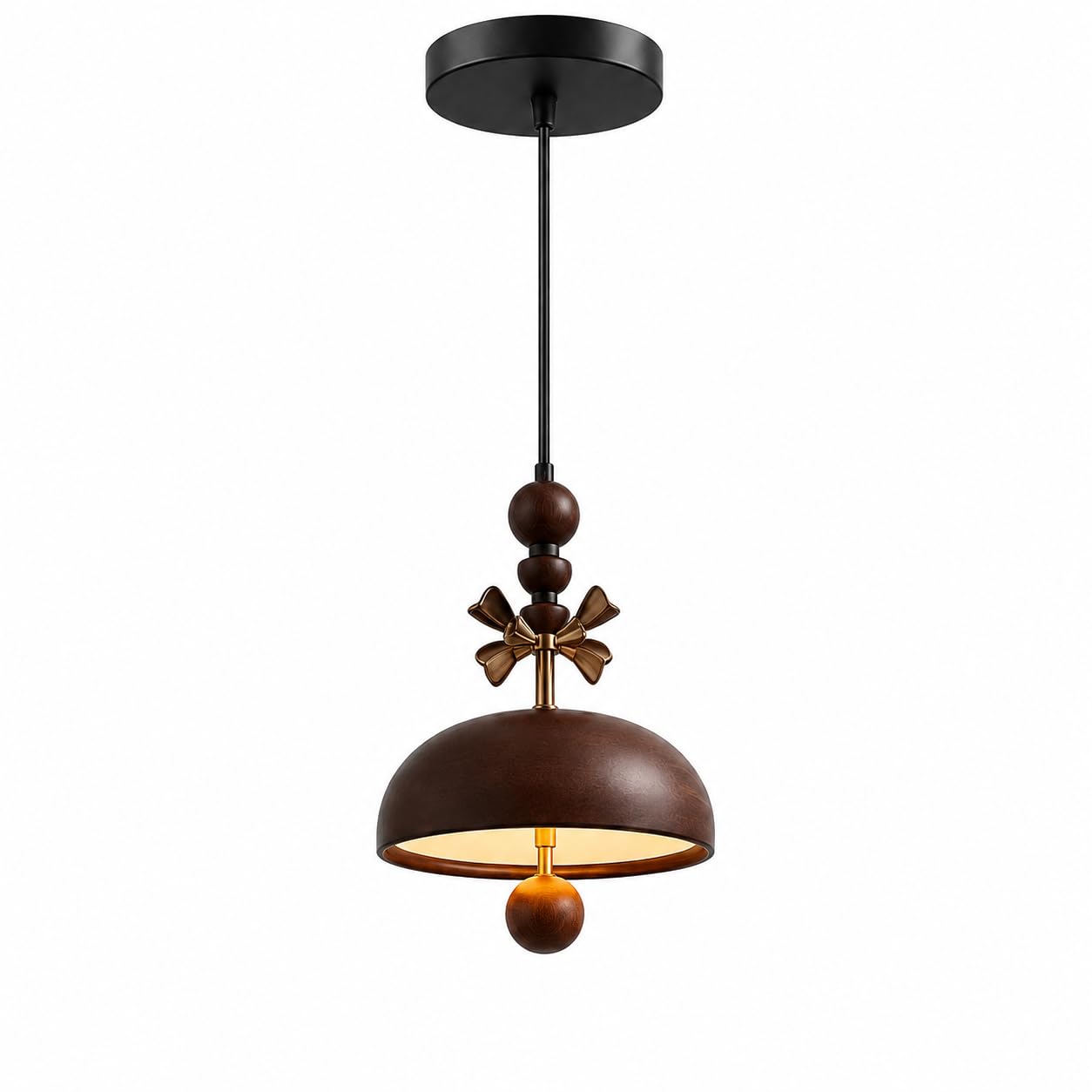 ESIYUVO Vintage Wood and Metal Pendant Light, Dome Shade Hanging Lamp with Brass-Tone Floral Accent, Black Canopy and Adjustable Cord for Dining Room, Kitchen Island, Bedroom, Hallway and Entryway