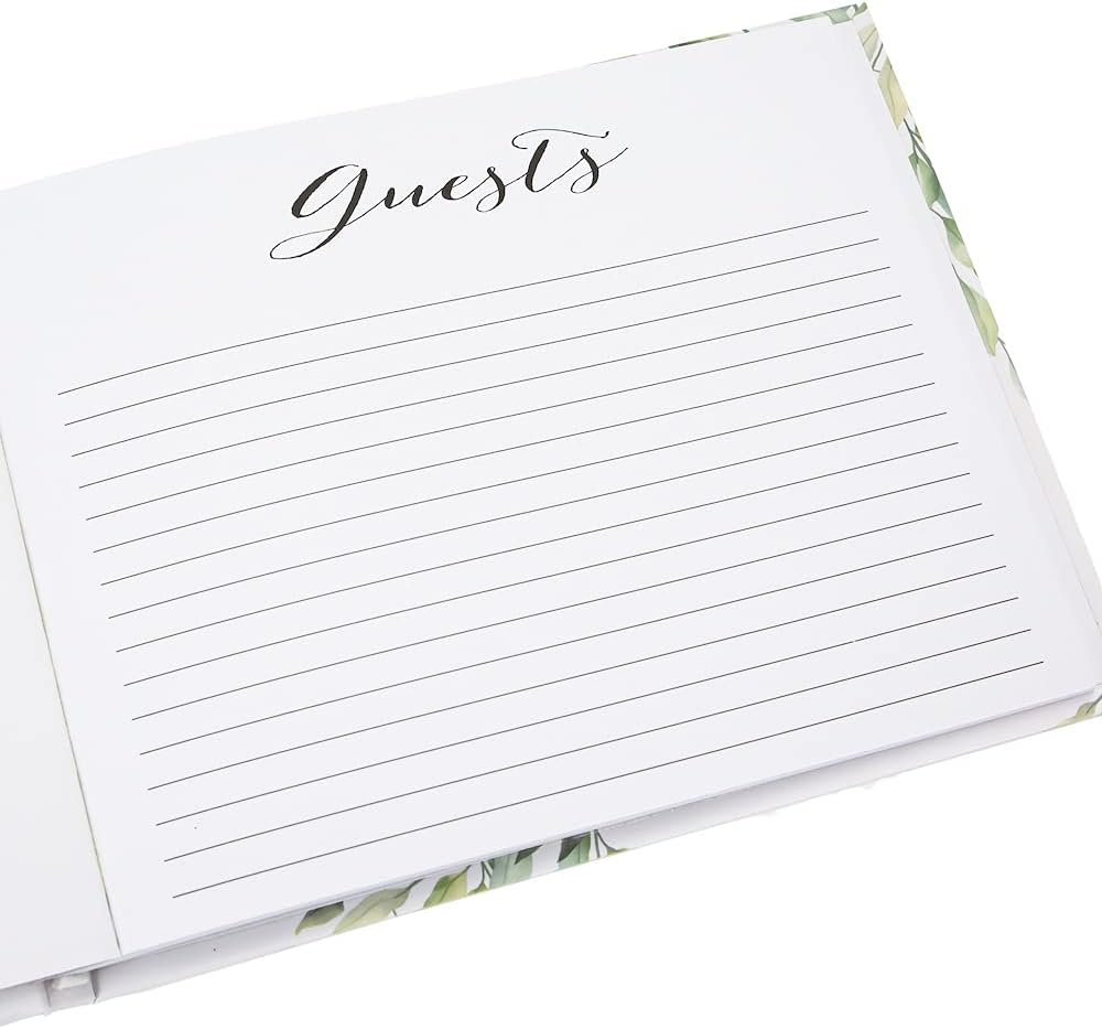 Happy Homewares Ivory White Wedding Day Guest Book with Shiny Gold 3D Mr and Mrs Letters and Green Floral Decoration