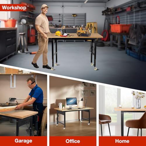 Image of Height Adjustable Workbench with Wheels 60 inchx22 inch Heavy Duty Work Table 2000 LBS Capacity Rolling Work Table Rubber Wood Work Station with Power Outlet & Pegboard for Garage, Office, Workshop