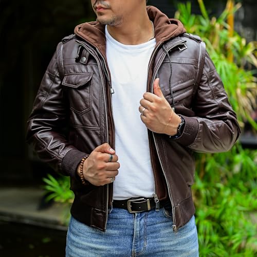 Image of Jild Hooded 2.0 Leather Jacket Men - Genuine Lambskin Leather Bomber Jacket with Removable Hood for Mens Fashion