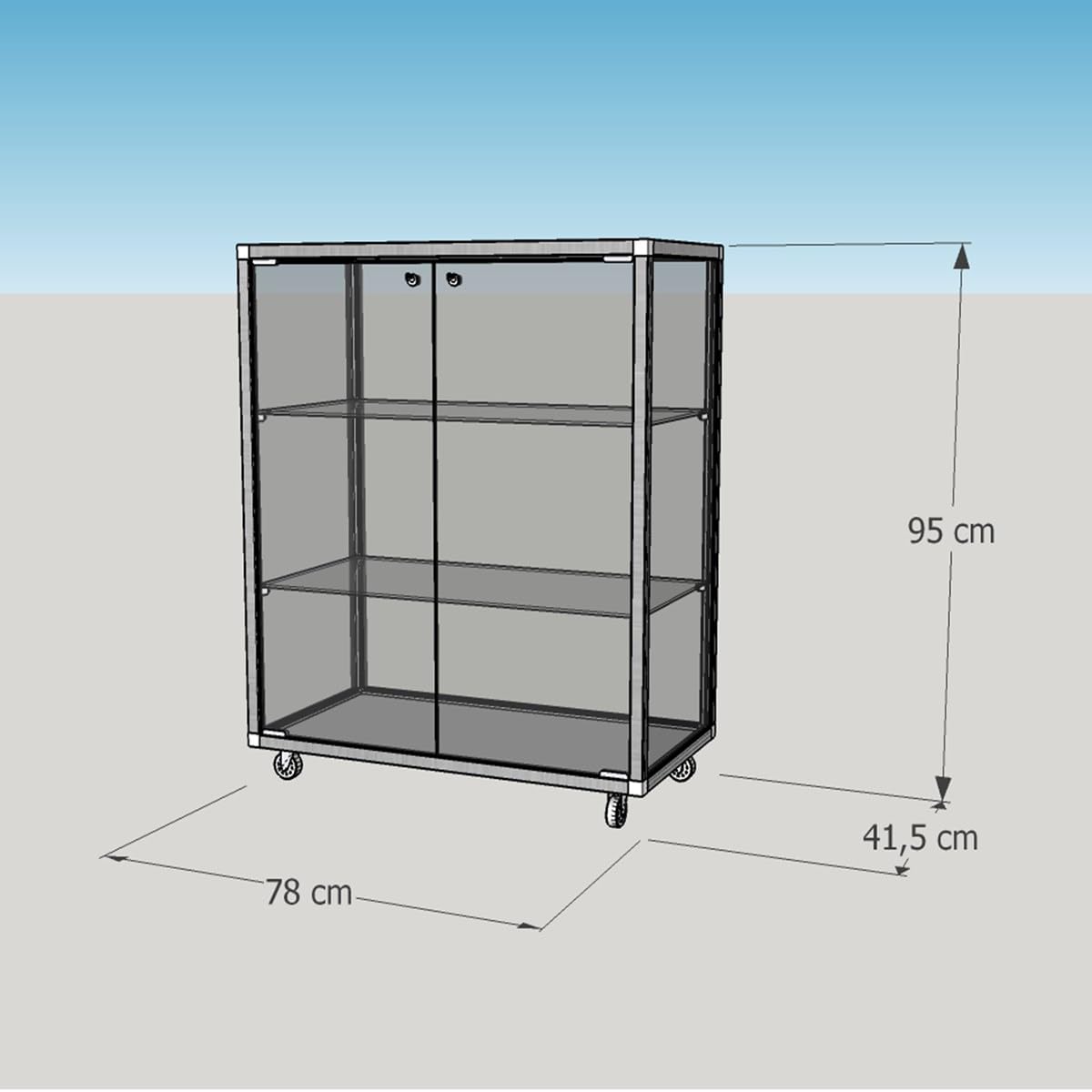 Halbhohe Glasvitrine mit Rollen T 41,5 x B 78 x H 95 cm - breite Thekenvitrine Glas abschließbar - Flache Alu-Glas Verkaufsvitrine - Spiegel-Rückwand - ohne Beleuchtung