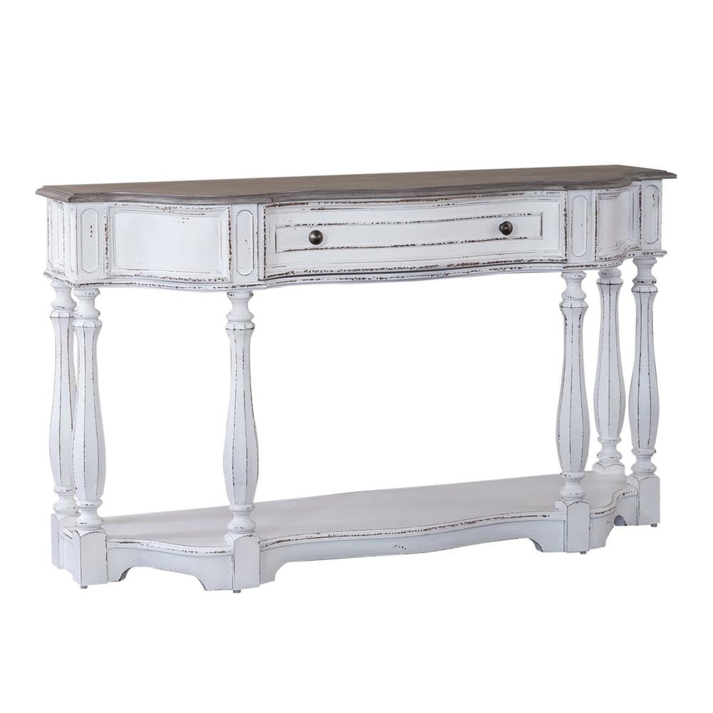 Liberty Furniture Magnolia Manor 56 Inch Hall Console Table European Traditional Home Accent Storage - Antique White & Weathered Bark