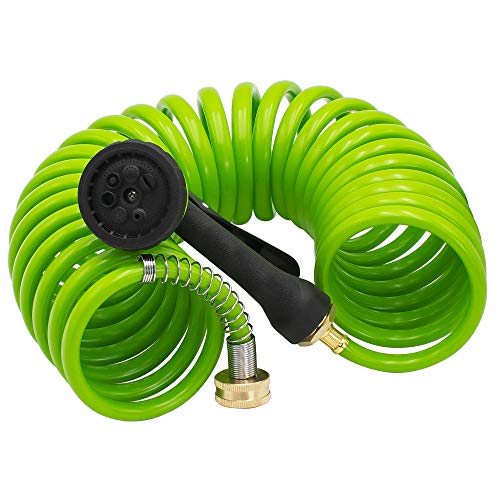 Image of AUTOMAN EVA Recoil Garden Hose 25ft - Includes 7 Pattern Spray Nozzle,Curly Water Hose 25 Foot,Watering Hose Coil,Retractable,Corrosion Resistant Garden Coil Hose.Green