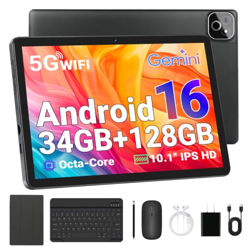 Image of 2 in 1 Android 16 Tablet with Keyboard Mouse Stylus Case, 34GB RAM 128GB 1TB Expand, Octa-Core Processor, 6000Ah Battery, HD Screen Widevine L1, Dual Cameras Face Unlock, WiFi 6 BT 5.4 Tablets Bundle