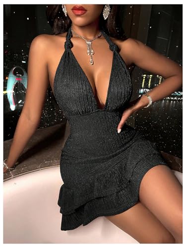 SOLY HUX Women's Summer Halter Bodycon Mini Dress Sexy Deep V Ruffle Party Cocktail Cami Dresses3