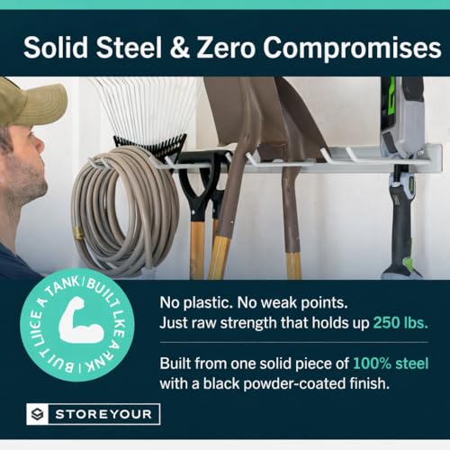 StoreYourBoard 72" Garage Tool Organizer Wall Mount | Garden Tool Organizer System | Heavy Duty Garden Tool Storage Rack for Yard Tools Rakes Shovels 500lbs Garage Organization | 8 PVC Coated Hooks