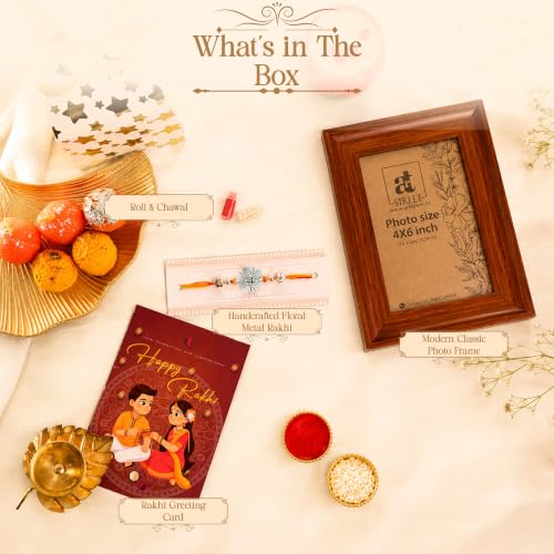 Image of Art Street Table Rectangular Photo Frame with Floral Metal Rakhi, Plexi Glass, Engineered Wood Cave Photo Frame for Home and Office Decoration Tabletop (Wood Brown, Size- 4x6 Inch)