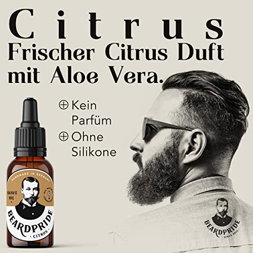 Foto von BEARDPRIDE Rasieröl Männer I hautpflegendes Rasieröl Herren Rasur I Shaving Oil Citrus I Rasierpflege Öl für die gepflegte Rasur für Männer I 100% naturreine Öle I 30ml