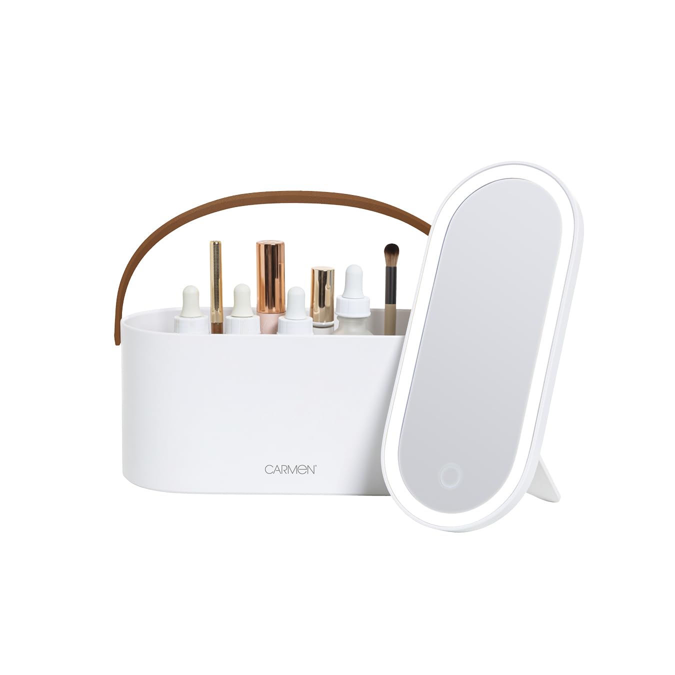 Carmen C81167WHTST 2-IN-1 Vanity Case with LED Mirror & Leatherette Strap, Illuminating LED Light, Touch Sensor Control, 5200K White Light, White