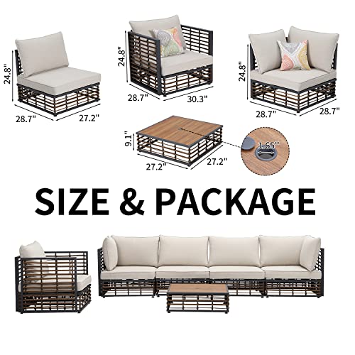 Essential Lounger 6 Pieces Sectional Outdoor Patio Furniture Set, Outdoor Modern Rattan Conversation Set With Olefin Cushions And Coffee Table, Wicker Sofa With Umbrella Hole For Garden, Poolside #TOP4