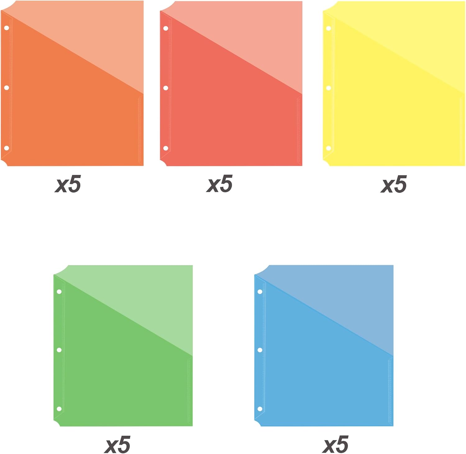 Seashell 25 Pack Poly Translucent Slash File Jacket,3 Hole Punch Binder Organizer Pockets,Letter Size, Assorted Colors,Plastic Binder Pockets Sleeves