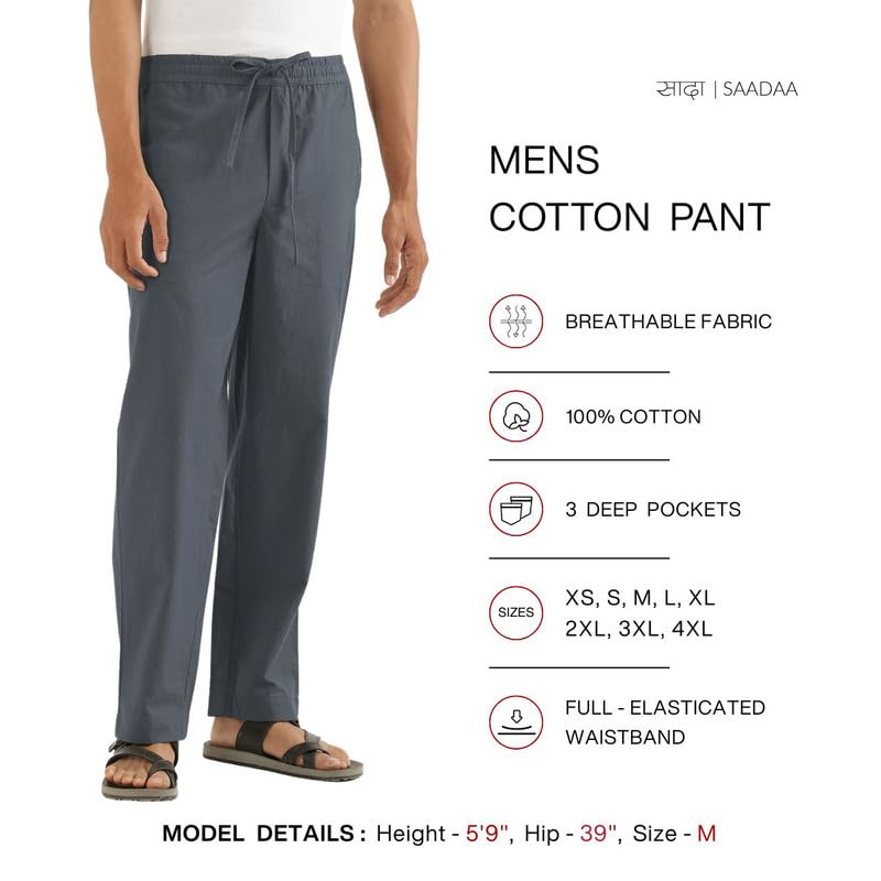 Image of SAADAA Men's 100% Cotton Pants | Mid-Rise Straight Fit Casual Trousers with Elastic Waistband and 3 Pockets | Everyday Wear