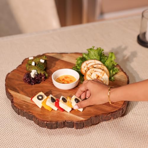 Image of Vriksha Lazy Susan Acacia Wood with Bark Edge | Rotating Serving Platter for Cheese Snacks Desserts | Round Wooden Turntable for Dining