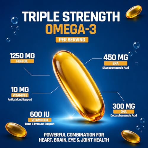 Image of NATURALTEIN Ultimate Omega-3 plus Fish Oil 1250mg Triple Strength Softgel Capsules with vitamin D3 and E | 450mg EPA & 300mg DHA in Triglyceride Form for Better Absorption | Heart, Brain, Eye & Joint Support | Glyphosate-Free | 60 Softgel Capsules | 60-Day Supply