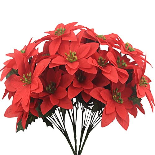FERIAL 4 Pcs Christmas Artificial Flowers Poinsettia Flowers Red 7 Heads Silk Poinsettia Christmas Floral Bouquet Winter Artificial Poinsettia Bushes for Xmas Party Holiday Arrangements Decoration