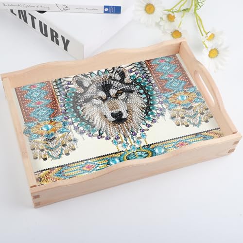 Image of DIY Diamond Art Tray with Handle Diamond Art Painting Plate Creative Design Handmade Wooden Tray Mosaic Making Kits by Number Kits Diamond Art for Coffee Living Room Home Organizer (Dreamcatcher Wolf)
