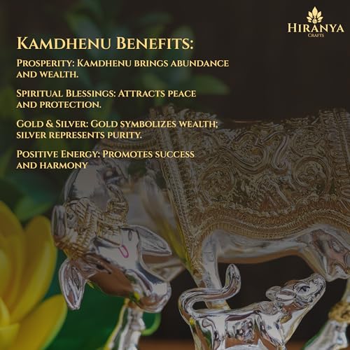 Image of Kamdhenu Cow with Calf | Vastu Idol is a Divine Cow & Calf Statue | Perfect for Pooja Rooms | Kamadhenu Cow & Calf (Gold & Silver, 4.5 Inch)