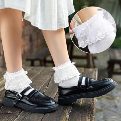 Image of Women Ruffle Socks, Soft Comfortable Lace Frilly Fashion Princess Socks with Pearls 3 Pairs