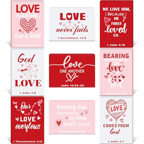 Yousoontic 9 Pcs Christian Valentine's Day Decor Bible Verse Religious Jesus Table Decorations Wood Block Sign Rustic Valentines Love Tiered Tray Decor for Church Home Shelf Table Top(Classic)
