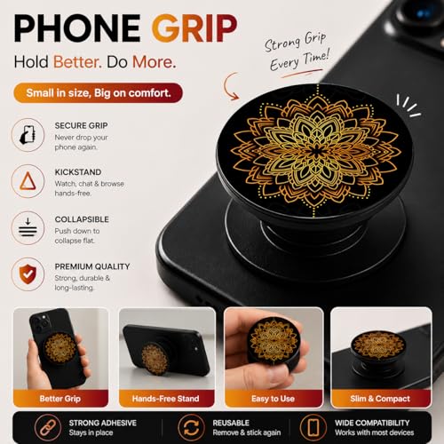 Image of Phone Case Holder | Expanding Kickstand, Mobile Phone Hold Grip for iPhone, Samsung, OnePlus & All Smartphones - Mandala (Golden Black)
