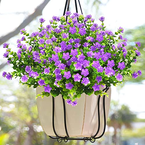 Momkids 4 Pcs Sprlng Artifical Flower & Plant Outdoor Uv Resistant Faux Plastic Floral Fake Greenery Shrubs Hanging Plant Planter For Home Garden Window Box Balcony Porch Decoration (Purple) #TOP1