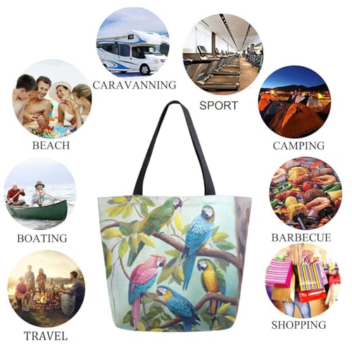 Beautiful Colors Parrots Group on Tree Branch Extra Large Canvas Gym Shoulder Tote, Reusable Daily Durable Top Handle Bag for Mens Womens Yoga Weekender Picnic Beach Travel Market Shopping4