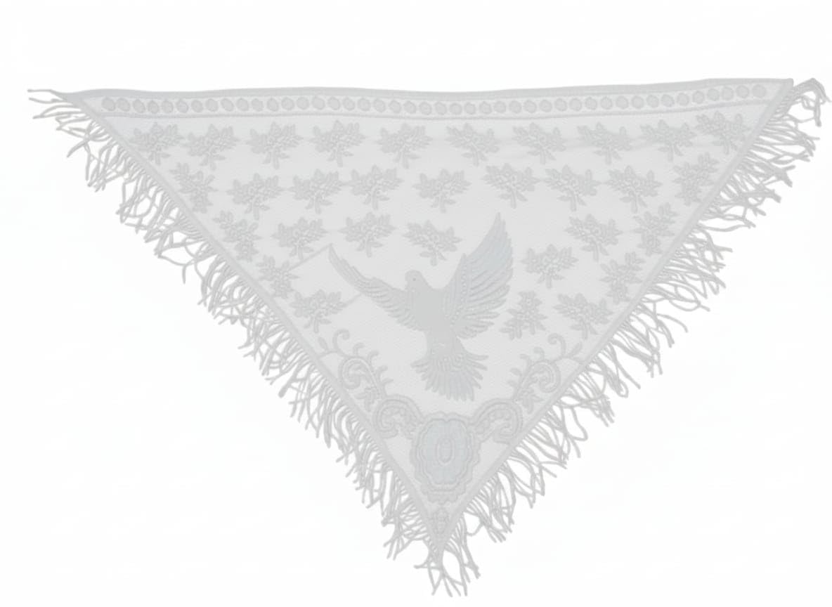 Elegant White Lace Church Veil, Triangle Shape, Floral Pattern with Dove Motif and Fringe, 49 x 40 Inches, for Religious Services and Prayer, Head scarf, church scarf,christian scarf.-image-31