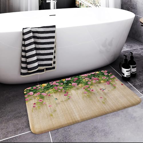 JAWO Floral Bath Rugs, Rosemary Flower with Butterfly on Rustic Wooden Background Non-Slip Doormat Floor Indoor Front Door Mat Bath Mat, 17X29inches, Bathroom Accessories