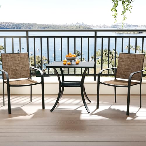 Image of Anmutig 3-Piece Outdoor Dining Set, Small Metal Bistro Table with 2 Stackable Sling Chairs, 27.5 x 27.5 Inch Square Table, Brown Fabric