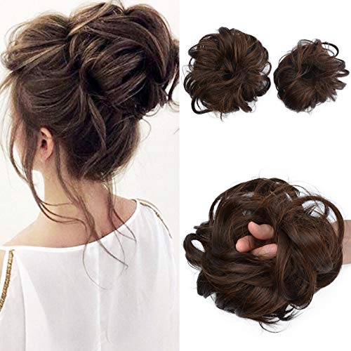SEIKEA 2PCS Messy Bun Hair Piece Tousled Updo Hair Extension With Elastic Rubber Band Hairpiece Synthetic Hair Scrunchies Hair Piece for Women Girls Color Dark Brown Highlights
