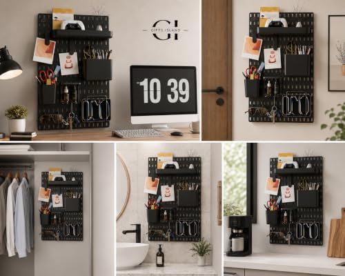 Image of Gifts Island Pegboard Wall Organiser Set with 1 Boards, 10 Accessories & Self-Adhesive Stickers, Customisable Storage System for Office, Kitchen, Pegboard Wall Hanging (10, Black)