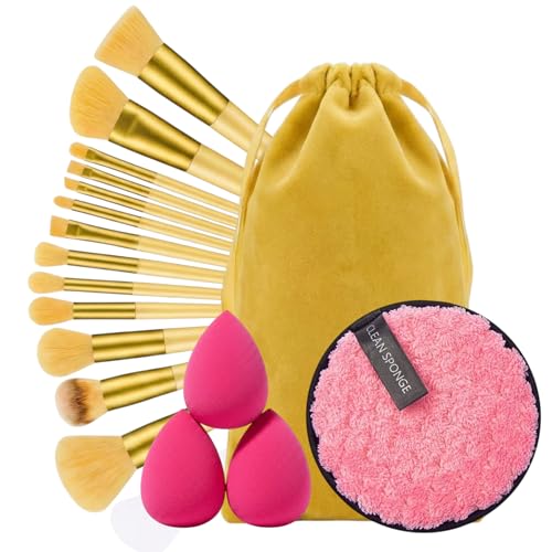 Image of 17Pc Makeup Kit Set - Premium 13-Piece Makeup Brush Set with 3 Makeup sponges & 1 Color-Removal Sponge - Soft Synthetic Bristles, Rose Gold & Cream Design with Velvet Travel Pouch - Complete Professional Beauty Tools (Clean sponge and makeup puffs , color may vary or multicolour) (Yellow)