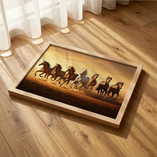 Image of 7 White Horse Vastu Wall Painting - Running Horses Golden Sunrise Desert Framed Wall Art for Living Room & Office Decor (Natural, Design 04, 10x13 Inch)